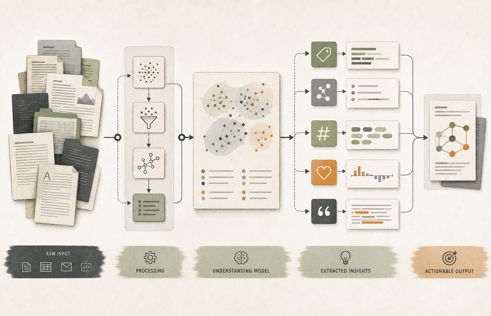 Workflow diagram showing unstructured text becoming themes, entities, keywords, sentiment signals, and reviewable evidence.